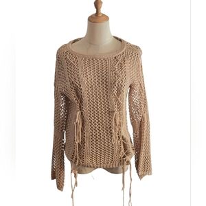 Rebecca Elliot Tan Lace Up Open Weave Women's  Knit Sweater
